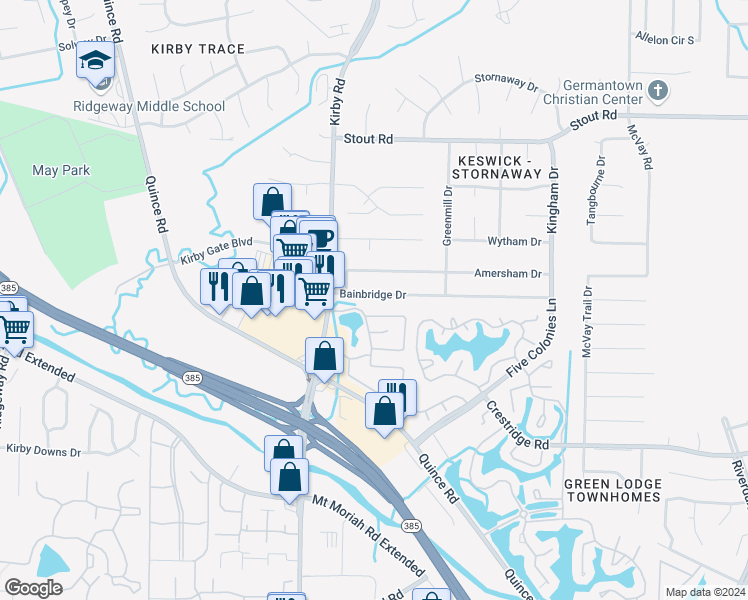 map of restaurants, bars, coffee shops, grocery stores, and more near 6677 Bainbridge Drive in Memphis