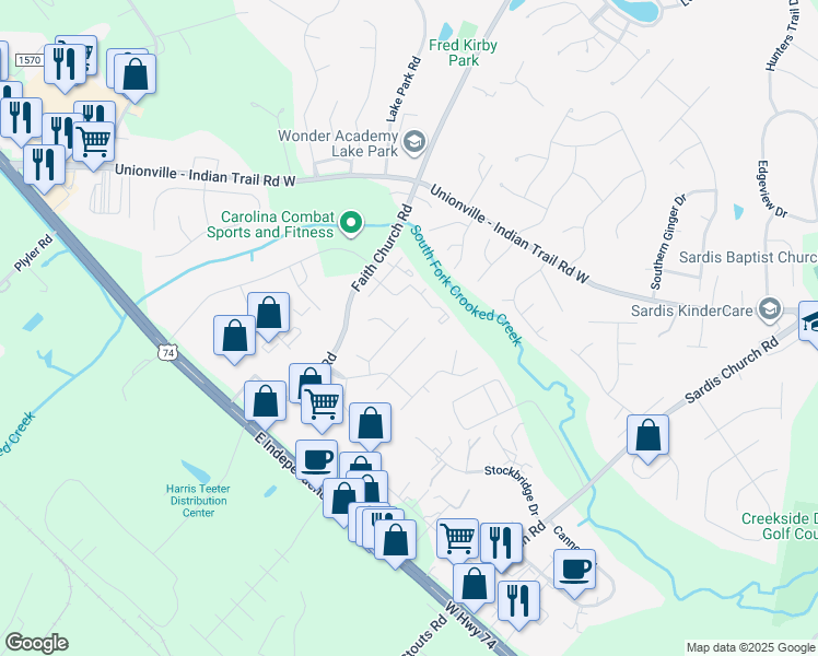 map of restaurants, bars, coffee shops, grocery stores, and more near 3412 Creek Trail Road in Indian Trail