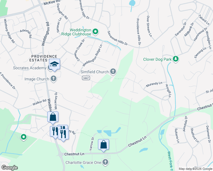 map of restaurants, bars, coffee shops, grocery stores, and more near 2405 Simfield Church Road in Matthews