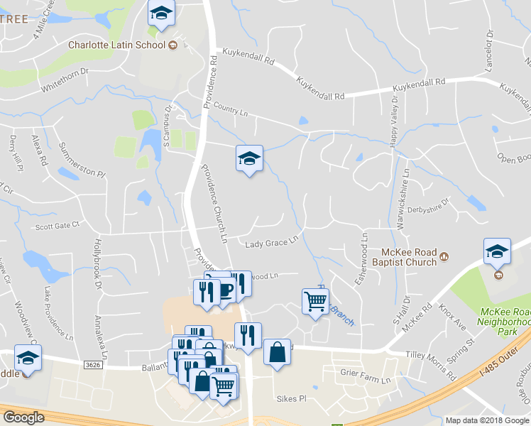 map of restaurants, bars, coffee shops, grocery stores, and more near 4903 Sarah Hall Lane in Charlotte