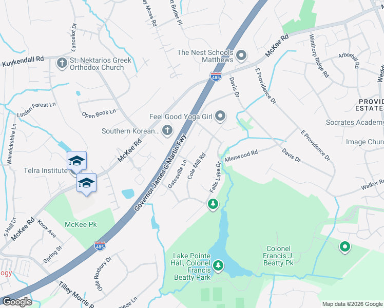map of restaurants, bars, coffee shops, grocery stores, and more near 6416 Gatesville Lane in Charlotte