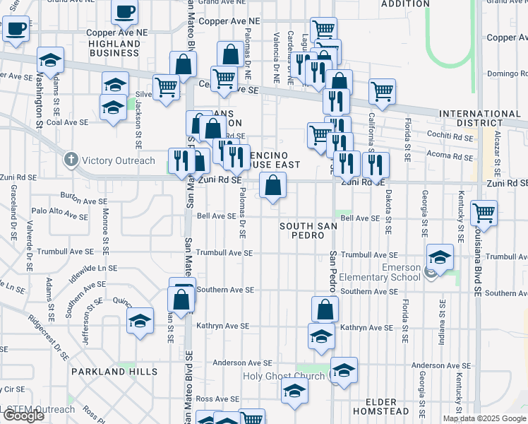 map of restaurants, bars, coffee shops, grocery stores, and more near 542 Alvarado Drive Southeast in Albuquerque