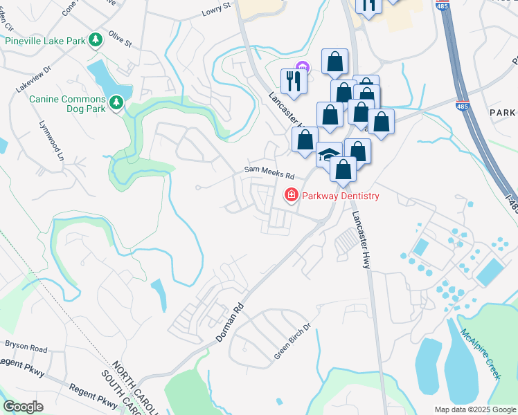map of restaurants, bars, coffee shops, grocery stores, and more near 10170 Enniscrone Road in Pineville