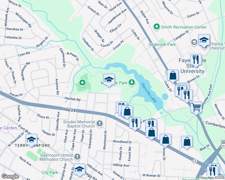 map of restaurants, bars, coffee shops, grocery stores, and more near 1412 Belvedere Avenue in Fayetteville