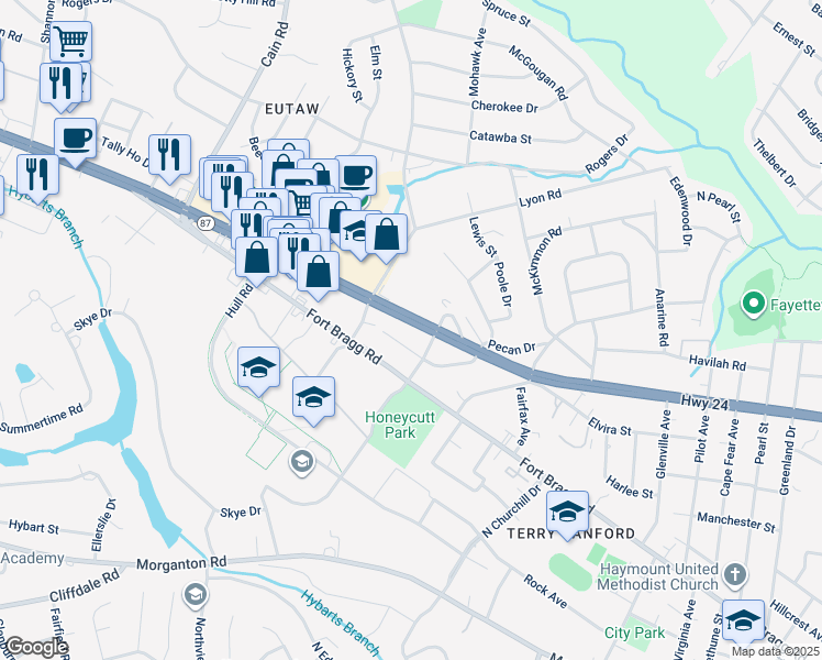 map of restaurants, bars, coffee shops, grocery stores, and more near 2413 Bragg Boulevard in Fayetteville
