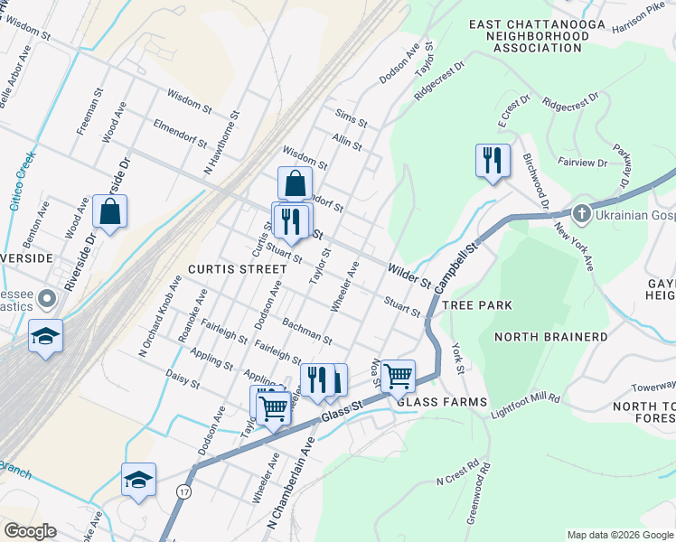 map of restaurants, bars, coffee shops, grocery stores, and more near 2309 Stuart Street in Chattanooga