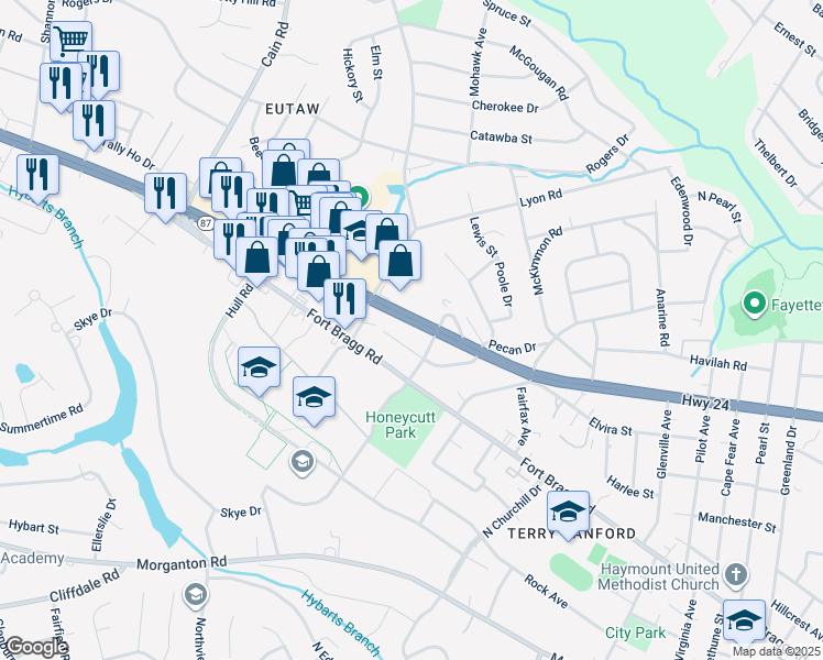 map of restaurants, bars, coffee shops, grocery stores, and more near 2413 Bragg Boulevard in Fayetteville
