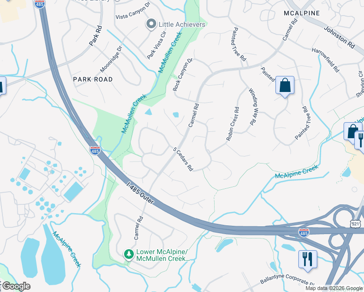 map of restaurants, bars, coffee shops, grocery stores, and more near 8123 Carmel Road in Charlotte