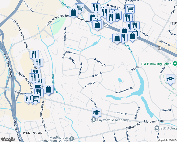map of restaurants, bars, coffee shops, grocery stores, and more near Sugar Cane Drive in Raeford