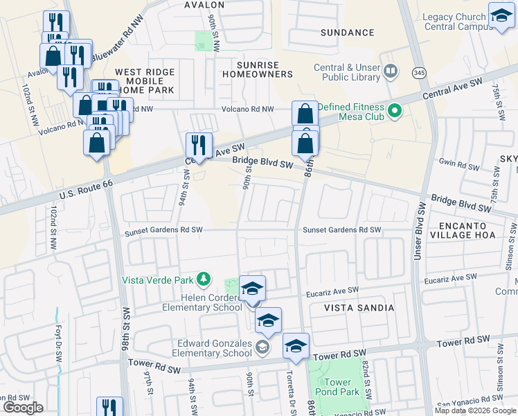 map of restaurants, bars, coffee shops, grocery stores, and more near 305 San Tomas Lane Southwest in Albuquerque