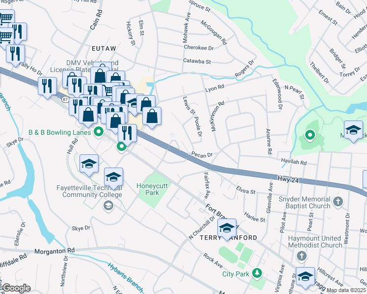 map of restaurants, bars, coffee shops, grocery stores, and more near 2312 Barrington Circle in Fayetteville