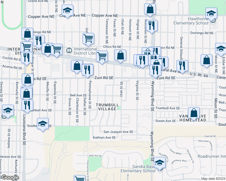 map of restaurants, bars, coffee shops, grocery stores, and more near 308 Texas Street Southeast in Albuquerque