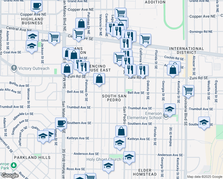 map of restaurants, bars, coffee shops, grocery stores, and more near 532 Cardenas Drive Southeast in Albuquerque