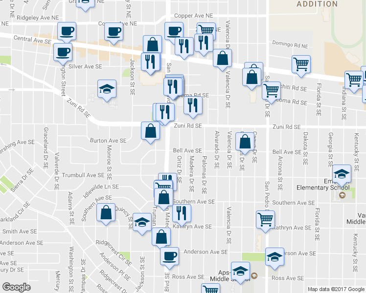map of restaurants, bars, coffee shops, grocery stores, and more near 538 Ortiz Drive Southeast in Albuquerque