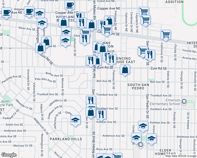 map of restaurants, bars, coffee shops, grocery stores, and more near 535 Ortiz Drive Southeast in Albuquerque