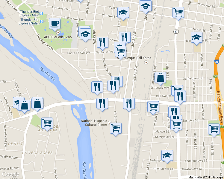 map of restaurants, bars, coffee shops, grocery stores, and more near 1417 4th Street Southwest in Albuquerque