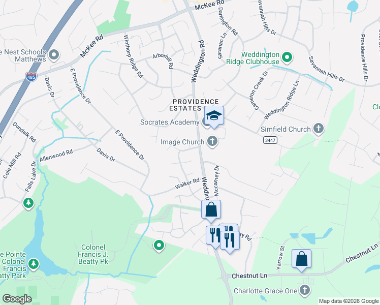 map of restaurants, bars, coffee shops, grocery stores, and more near 4020 Weddington Road in Charlotte