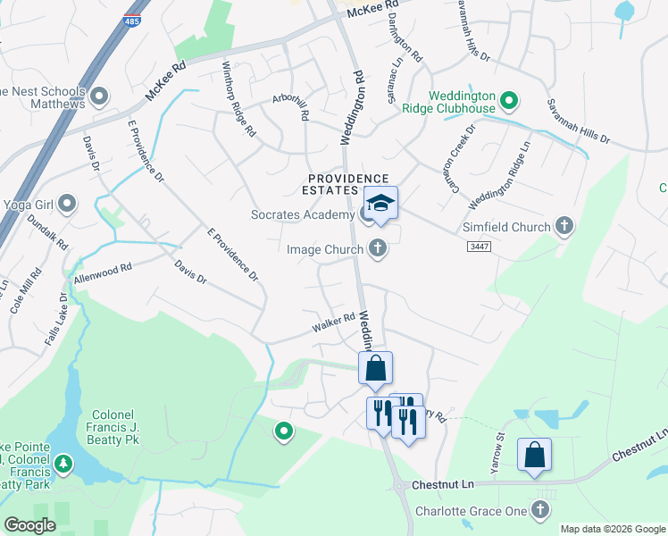 map of restaurants, bars, coffee shops, grocery stores, and more near 4020 Weddington Road in Charlotte