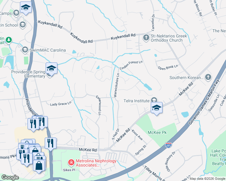 map of restaurants, bars, coffee shops, grocery stores, and more near 10000 Warwickshire Lane in Charlotte