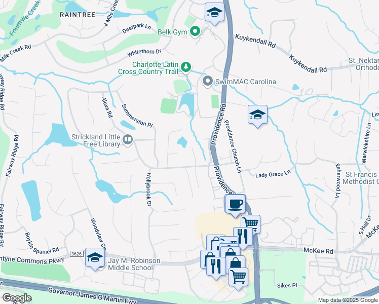 map of restaurants, bars, coffee shops, grocery stores, and more near 10114 Waterbrook Lane in Charlotte