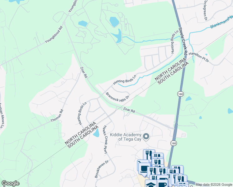 map of restaurants, bars, coffee shops, grocery stores, and more near 15011 Kinnegal Lane in Charlotte
