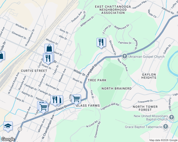 map of restaurants, bars, coffee shops, grocery stores, and more near 3110 Noah Street in Chattanooga
