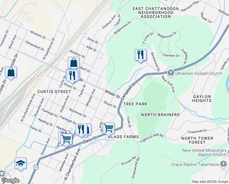 map of restaurants, bars, coffee shops, grocery stores, and more near 2509 Wilder Street in Chattanooga