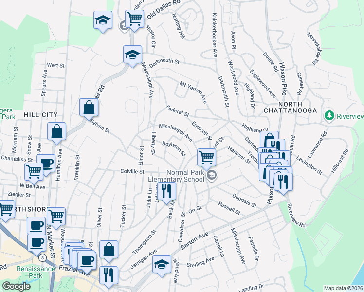 map of restaurants, bars, coffee shops, grocery stores, and more near 1012 Albany Street in Chattanooga