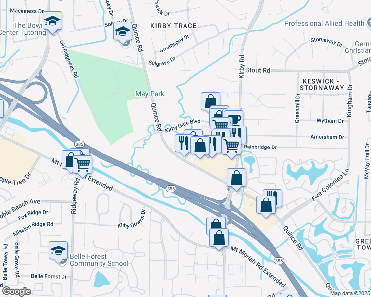 map of restaurants, bars, coffee shops, grocery stores, and more near 6480 Quince Road in Memphis