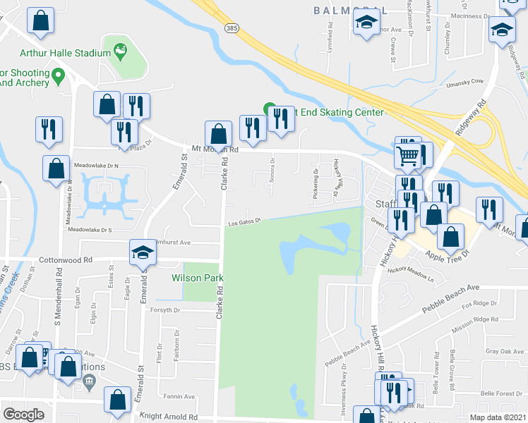 map of restaurants, bars, coffee shops, grocery stores, and more near 2835 Sonora Drive in Memphis