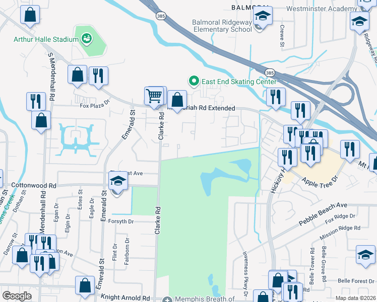 map of restaurants, bars, coffee shops, grocery stores, and more near 2835 Sonora Drive in Memphis