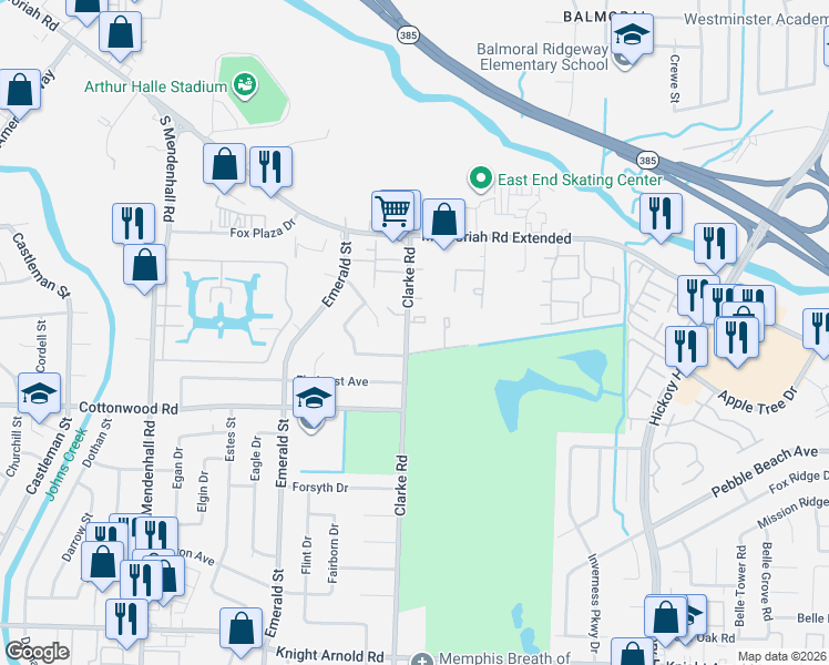 map of restaurants, bars, coffee shops, grocery stores, and more near 2824 Clarke Road in Memphis