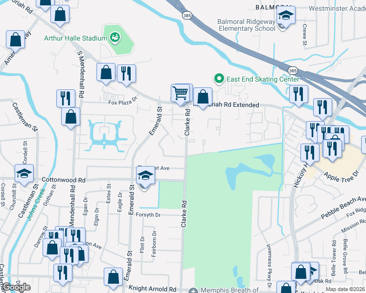 map of restaurants, bars, coffee shops, grocery stores, and more near 2824 Clarke Road in Memphis