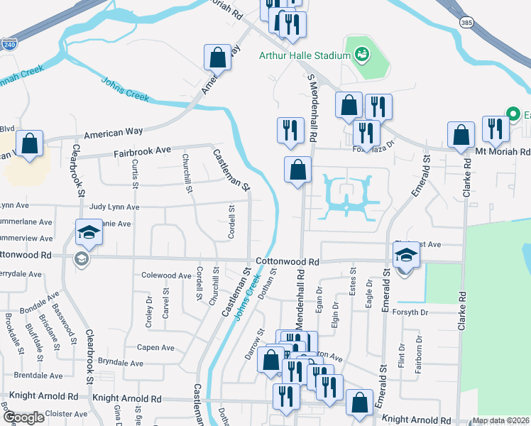 map of restaurants, bars, coffee shops, grocery stores, and more near 5261 Judy Lynn Cove in Memphis
