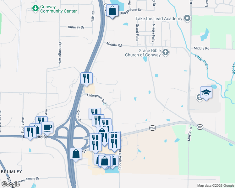 map of restaurants, bars, coffee shops, grocery stores, and more near 1290 East Dave Ward Drive in Conway