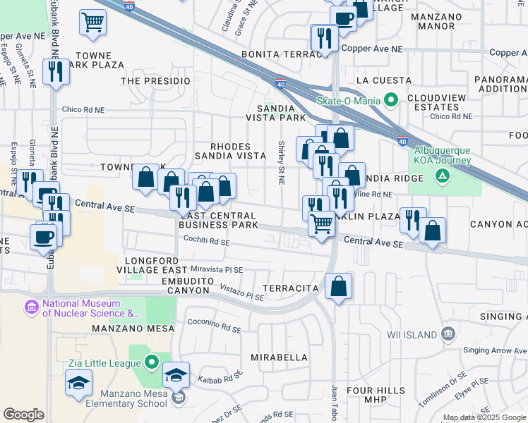 map of restaurants, bars, coffee shops, grocery stores, and more near 11500 Linn Avenue Northeast in Albuquerque