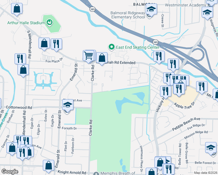 map of restaurants, bars, coffee shops, grocery stores, and more near 2835 Sonora Drive in Memphis