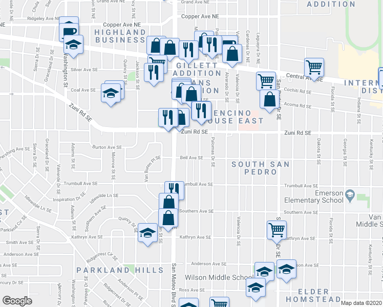 map of restaurants, bars, coffee shops, grocery stores, and more near 538 Ortiz Drive Southeast in Albuquerque