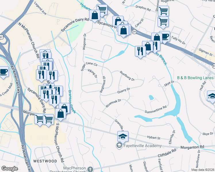 map of restaurants, bars, coffee shops, grocery stores, and more near 3340 Regiment Drive in Fayetteville