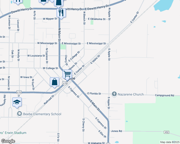 map of restaurants, bars, coffee shops, grocery stores, and more near 309 East Georgia Street in Beebe