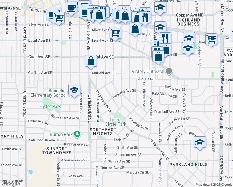 map of restaurants, bars, coffee shops, grocery stores, and more near 621 Aliso Drive Southeast in Albuquerque