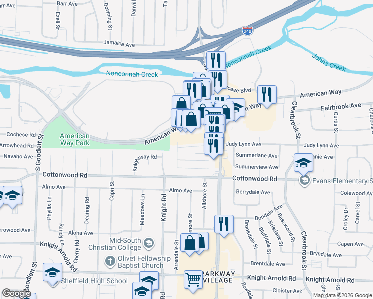 map of restaurants, bars, coffee shops, grocery stores, and more near 4653 Cotton Drive in Memphis