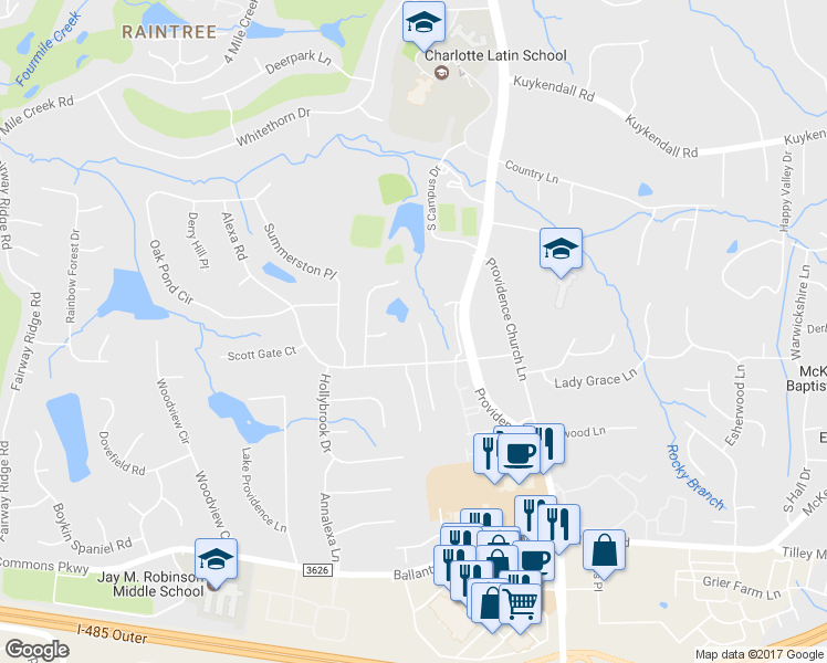 map of restaurants, bars, coffee shops, grocery stores, and more near 10114 Waterbrook Lane in Charlotte