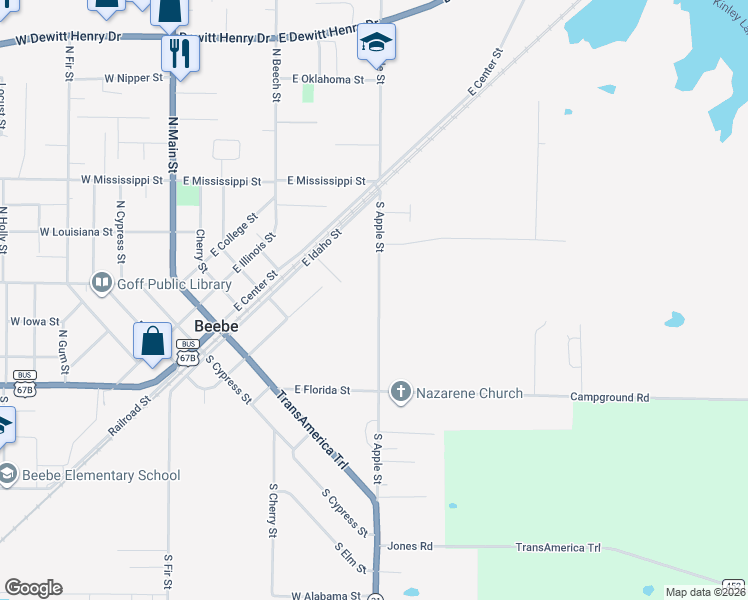 map of restaurants, bars, coffee shops, grocery stores, and more near 112 South Apple Street in Beebe