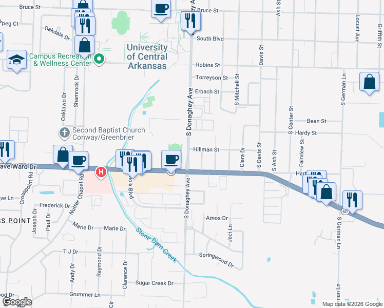 map of restaurants, bars, coffee shops, grocery stores, and more near 702 South Donaghey Avenue in Conway