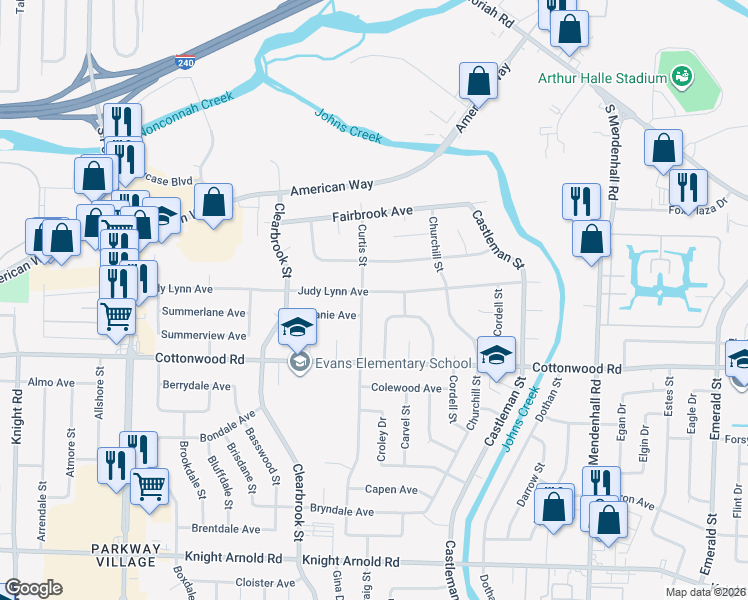 map of restaurants, bars, coffee shops, grocery stores, and more near 5047 Judy Lynn Avenue in Memphis