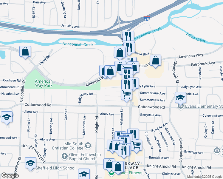 map of restaurants, bars, coffee shops, grocery stores, and more near 4653 Cotton Drive in Memphis