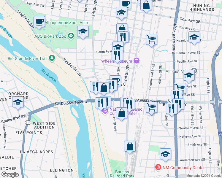 map of restaurants, bars, coffee shops, grocery stores, and more near 609 Benicia Lane in Albuquerque
