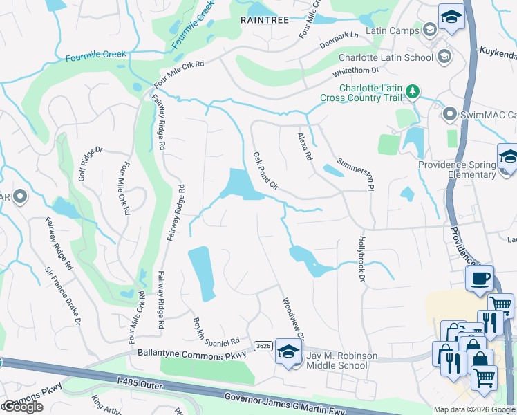 map of restaurants, bars, coffee shops, grocery stores, and more near 10001 Woodview Circle in Charlotte