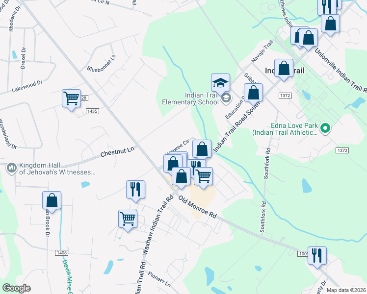 map of restaurants, bars, coffee shops, grocery stores, and more near 115 Keowee Circle in Indian Trail